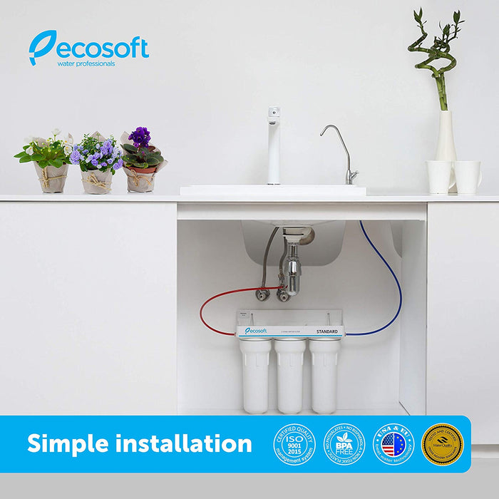 Ecosoft 3 Stage Under Sink Water Purifier Filtration System with Kitchen Faucet and Extra Filter Cartridge - White