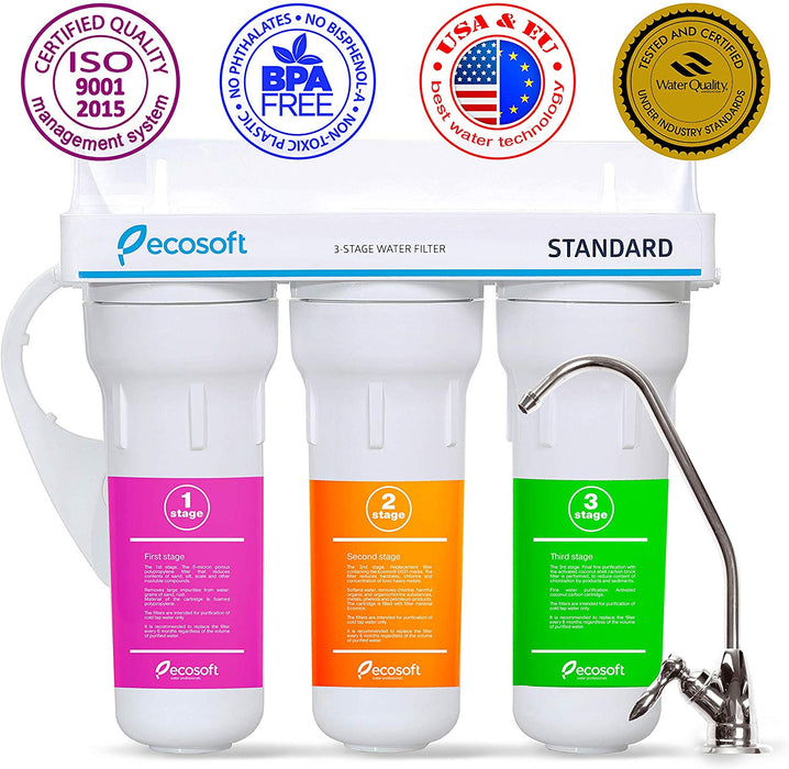 Ecosoft 3 Stage Under Sink Water Purifier Filtration System with Kitchen Faucet and Extra Filter Cartridge - White