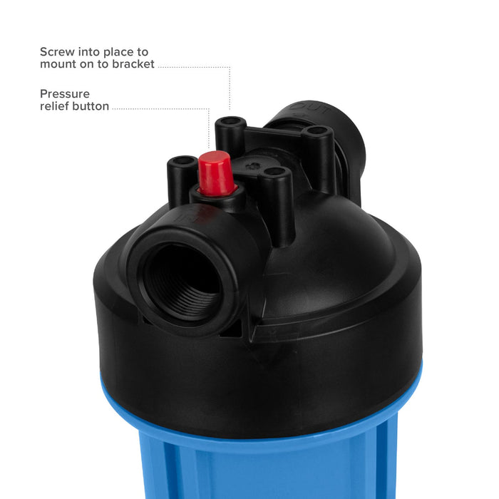 Commercial 2.5” X 10” Blue Housing & Pressure Release Female Cap with 3/4” Inlet & Outlet