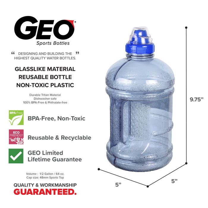 1/2 Gallon BPA Free Water Bottle, Plastic Bottle, Sports Bottle, with Sports Cap, GEO