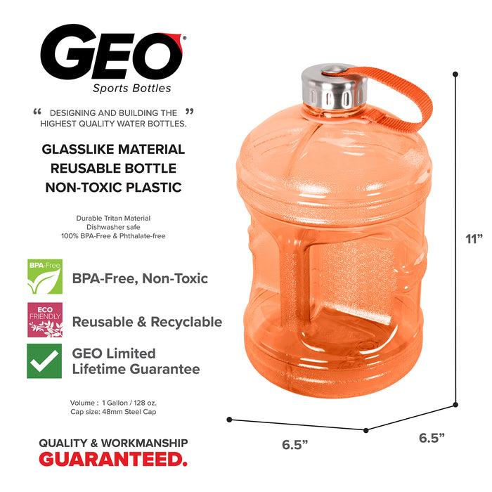 BPA Free 1 Gallon Water Bottle, Plastic Bottle, Sports Bottle, with Stainless Steel Screw Cap, GEO