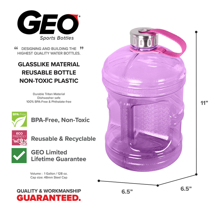 BPA Free 1 Gallon Water Bottle, Plastic Bottle, Sports Bottle, with Stainless Steel Screw Cap, GEO