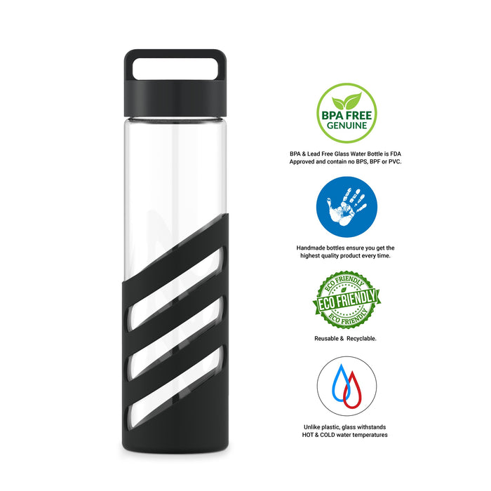 24 Ounce Glass Water Bottle, Sports Bottle, with Striped Cover Sleeve, GEO