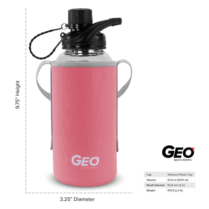1 Liter Glass Water Bottle, Sports Bottle, with 65 mm Plastic Cap and Protective Sleeve, GEO