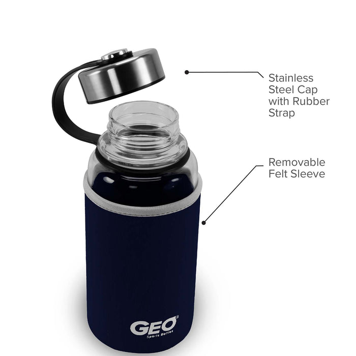 1 Liter Glass Water Bottle, Sports Bottle, with 65 mm Steel Cap and Protective Sleeve, GEO