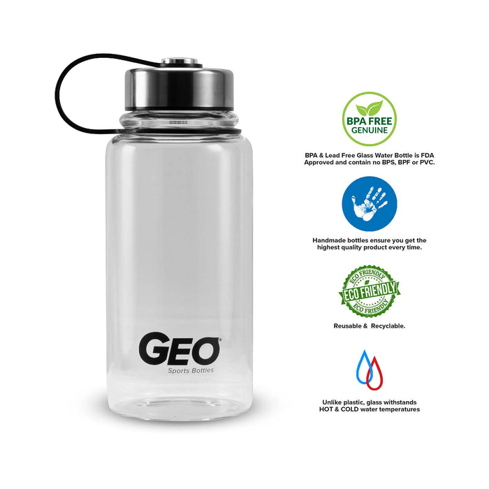 1 Liter Glass Water Bottle, Sports Bottle, with 65 mm Steel Cap and Protective Sleeve, GEO