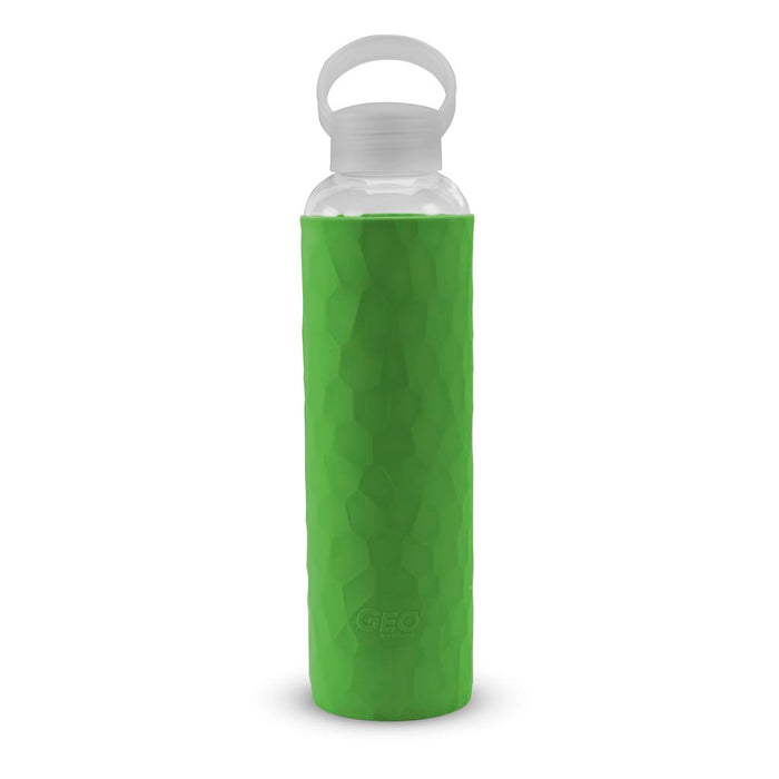 20 Ounce Glass Water Bottle, Sports Bottle, with 40 mm Plastic Cap and Protective Sleeve, GEO
