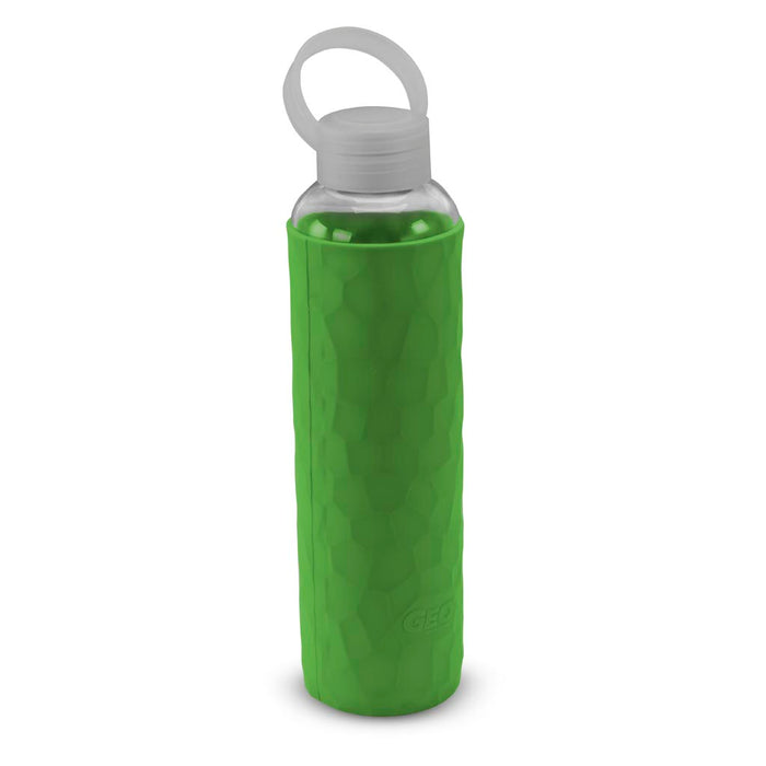 20 Ounce Glass Water Bottle, Sports Bottle, with 40 mm Plastic Cap and Protective Sleeve, GEO