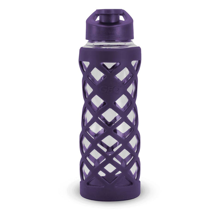 24 Ounce Glass Water Bottle, Sports Bottle, with 40mm Plastic Cap and Protective Sleeve, GEO