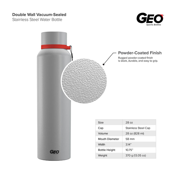 28 Ounce Stainless Steel Water Bottle, Powdered Sports Bottle, with 58 mm Cap and Carrying Strap, GEO