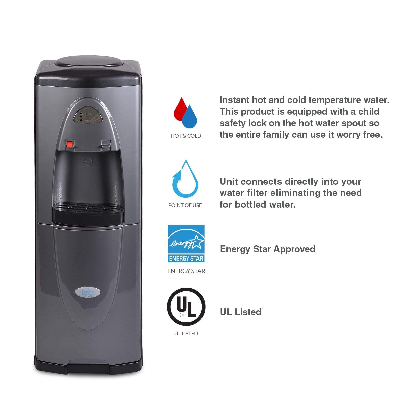 Hot and Cold Filtered Water Dispenser Cooler POU, Black, Brio Premiere - water cooler