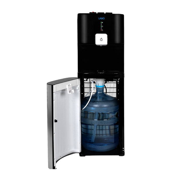 Hot Cold and Room Temp Water Dispenser Cooler Bottom Load, Tri Temp, Black and Brush Stainless Steel, Lago